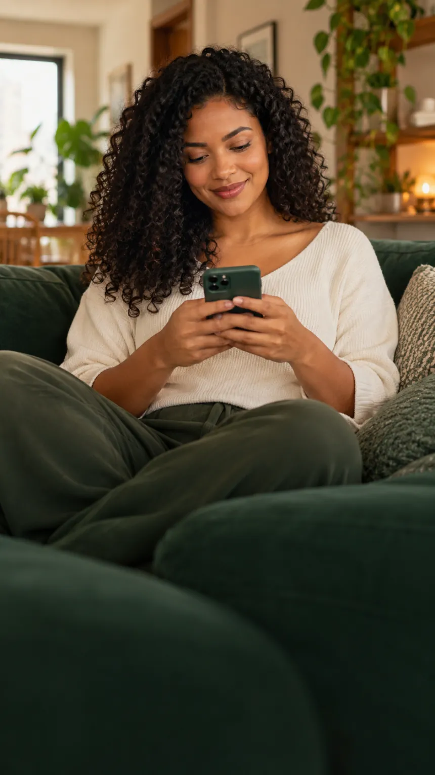 Mulher usando o celular no sofá de casa, em um ambiente acolhedor